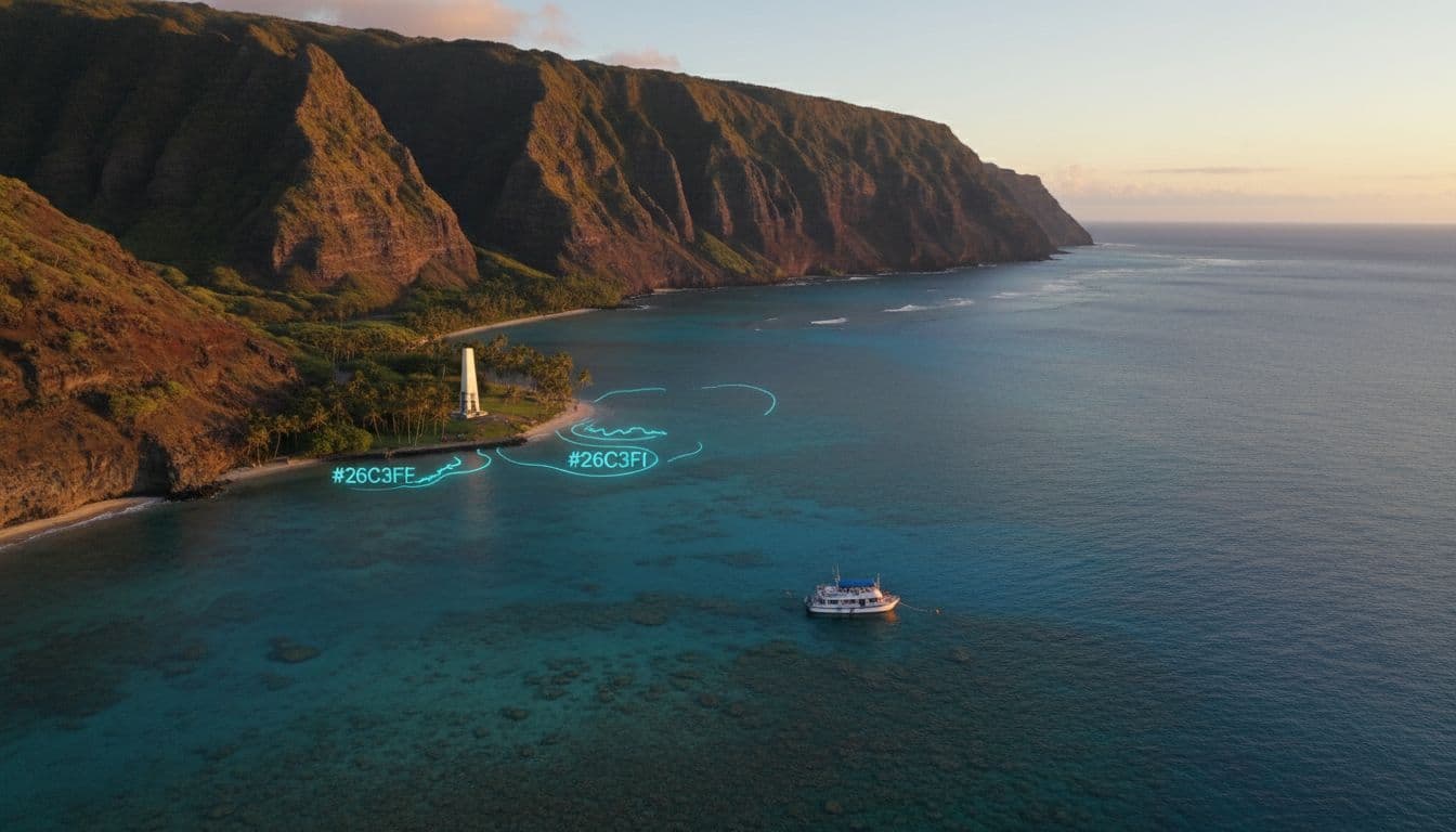 Aerial view of Kealakekua Bay with volcanic cliffs, turquoise water, Captain Cook Monument, glowing snorkel spots, and anchored boat in golden hour light.