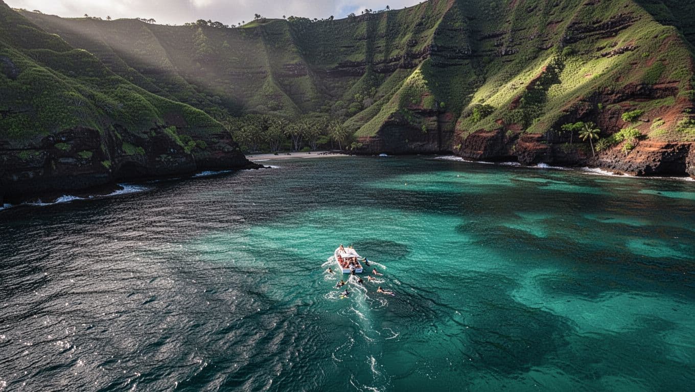 Serene aerial view of Kealakekua Bay on Big Island Hawaii, showcasing green cliffs, turquoise ocean, and a small boat with snorkelers in calm morning light with cinematic dramatic lighting.