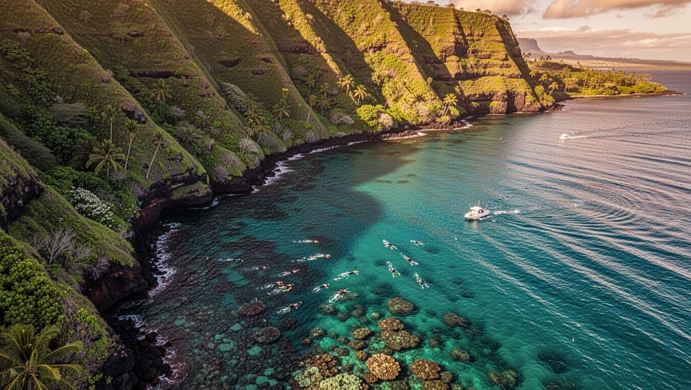 Aerial view of green cliffs dropping to turquoise Kealakekua Bay waters with snorkelers, boat, and coral reef at golden hour.