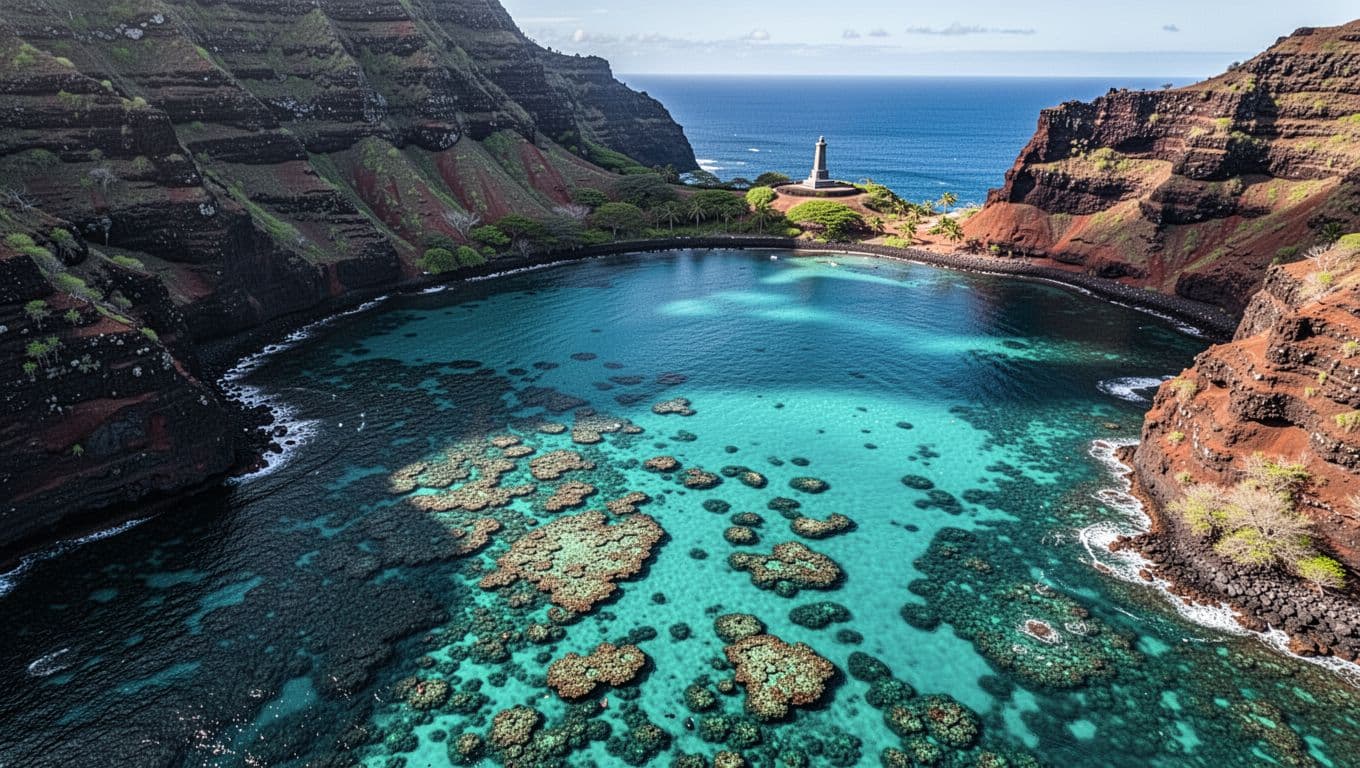 Scenic aerial view of Kealakekua Bay on Big Island, Hawaii, with turquoise waters revealing coral reefs, Captain Cook Monument on the shore, and dramatic volcanic cliffs in cinematic style.