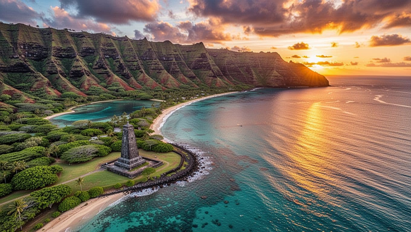 Aerial drone view of Kealakekua Bay on Hawaii's Big Island at sunset, showcasing calm turquoise waters, Captain Cook Monument on the green shoreline, dramatic cliffs, and a pristine natural landscape.