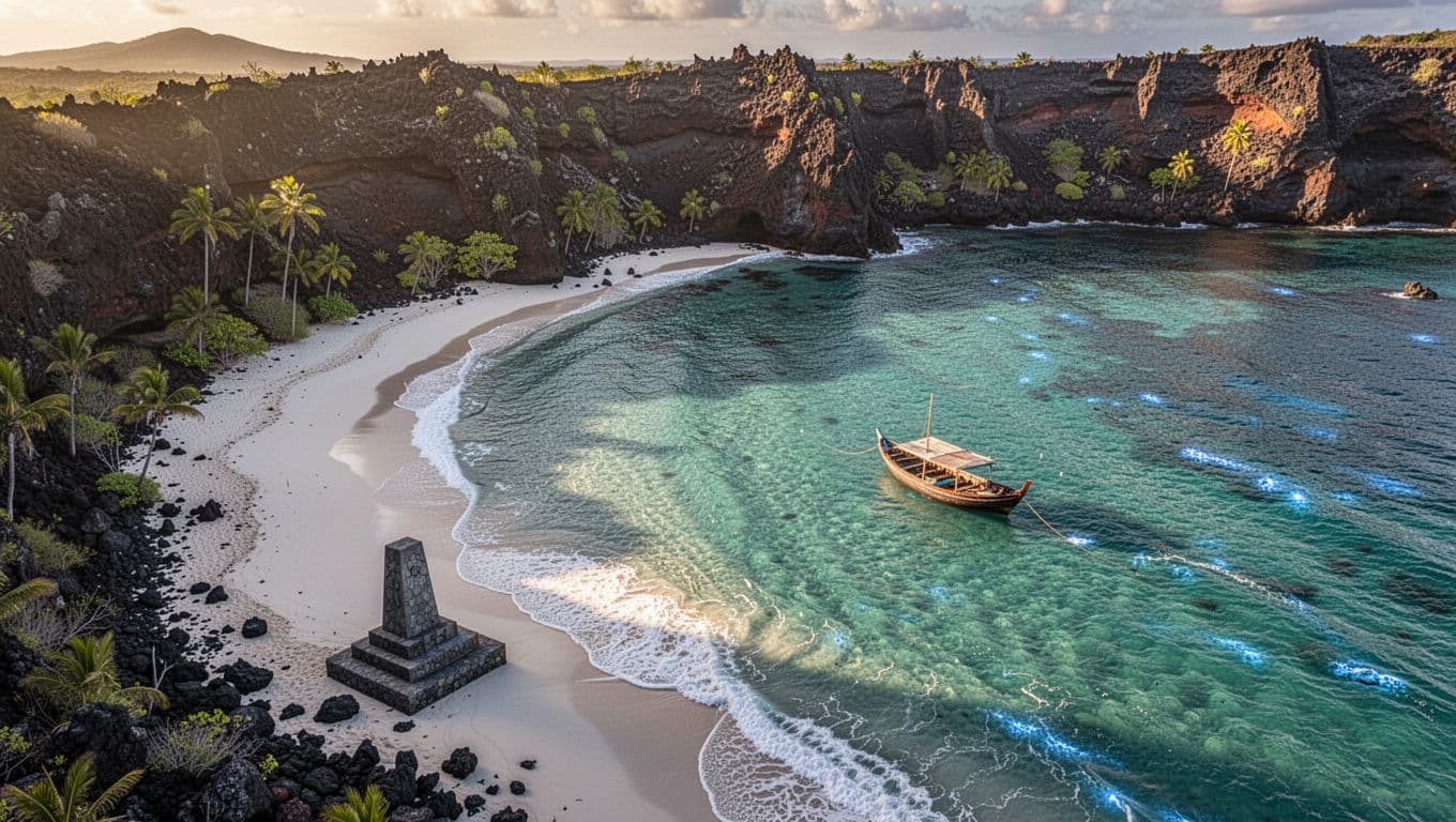 Overhead cinematic view of Kealakekua Bay showcasing calm turquoise waters, pristine shoreline, volcanic cliffs, Captain Cook monument, and a small anchored boat during golden hour with strong contrast and depth.