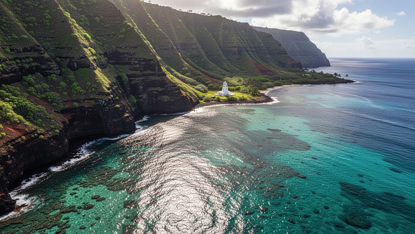 Aerial perspective of Kealakekua Bay showcasing crystal-clear turquoise waters meeting steep lush green volcanic cliffs, with the Captain Cook monument on the distant shore.