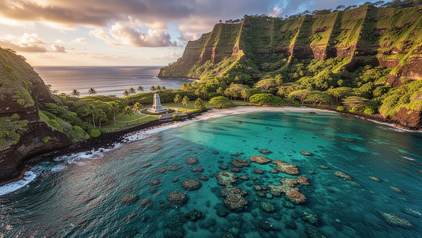 Aerial view shows turquoise waters, Captain Cook Monument on shore, green cliffs, and coral reefs below surface.