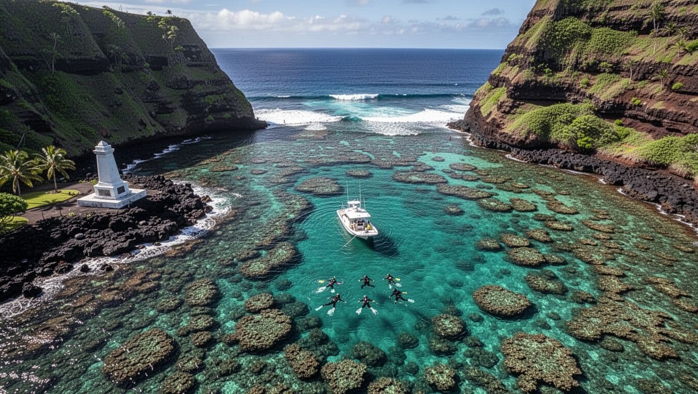 Aerial view of turquoise Kealakekua Bay lagoon with coral reefs, white Captain Cook Monument on lava shore, steep green cliffs, anchored boat, and tiny snorkelers.