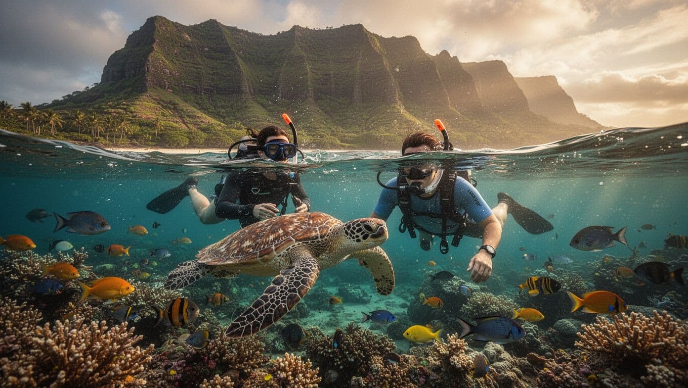 Turquoise waters of Kealakekua Bay glow under golden afternoon sunlight as two distant snorkelers observe a sea turtle and colorful fish near a vibrant coral garden, with towering green volcanic cliffs in the background.