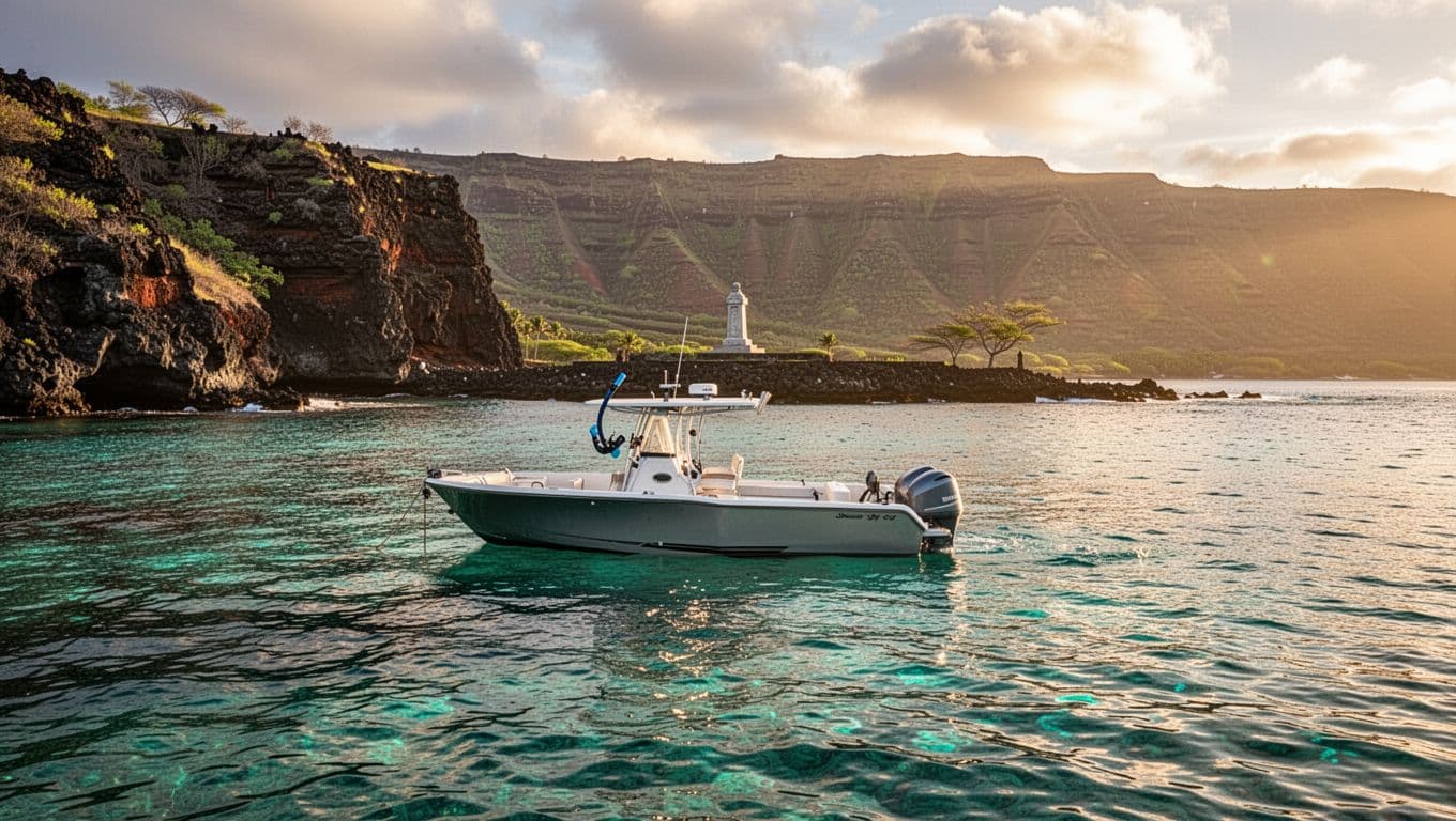 Sleek snorkel boat anchored in calm turquoise Kealakekua Bay with dramatic volcanic cliffs and Captain Cook Monument in the background, Hawaii Big Island, captured in cinematic golden hour lighting.