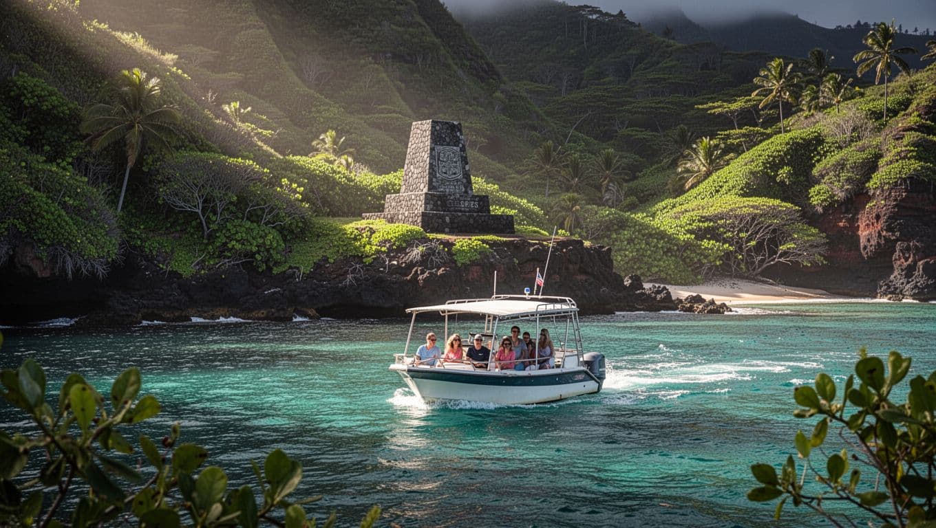 A small tour boat cruises into the turquoise waters of Kealakekua Bay, approaching the shore with the Captain Cook Monument amid lush green cliffs under dramatic cinematic morning light.