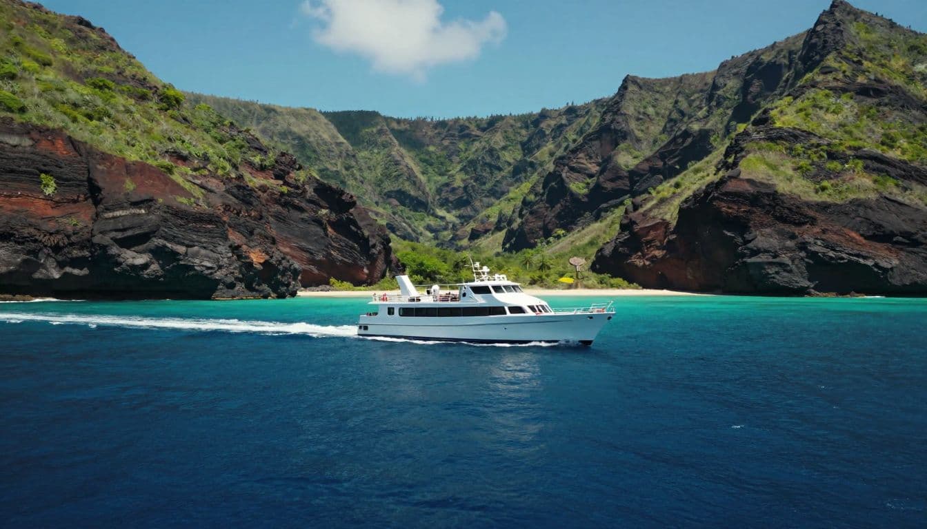 A tour boat approaches volcanic cliffs across turquoise water in Kealakekua Bay.