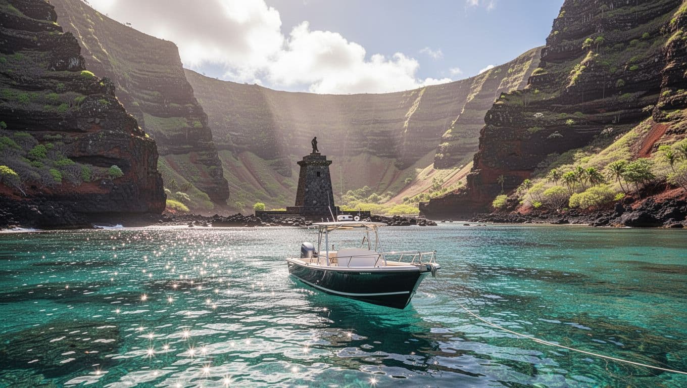 A snorkel boat approaches cliffs and Captain Cook Monument across clear turquoise water.