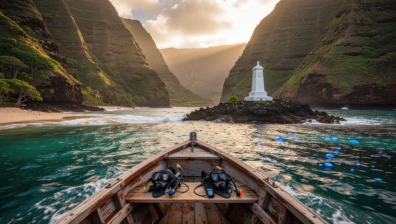 View from small boat of Kealakekua Bay showing green cliffs, turquoise water at shore, and white Captain Cook monument.