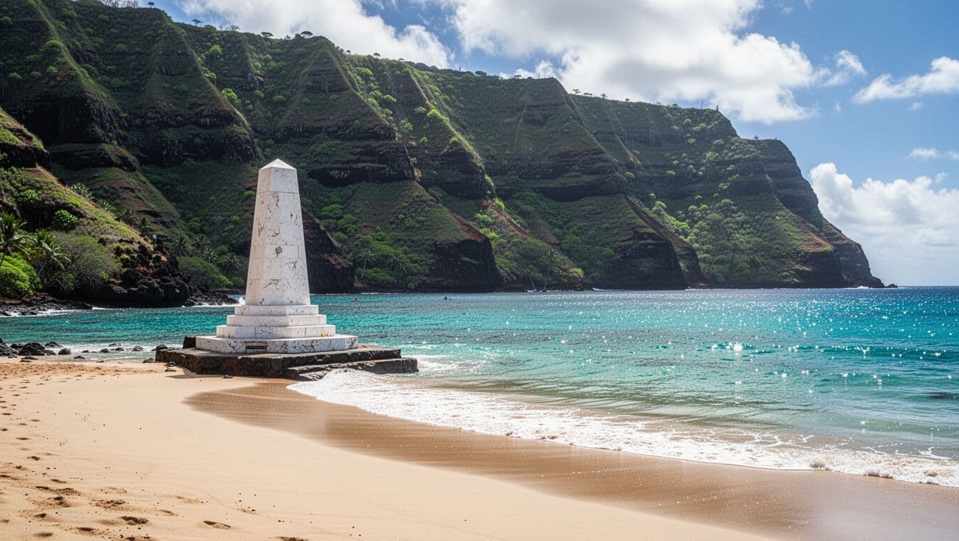 Turquoise water of Kealakekua Bay bordered by steep green cliffs with a white monument on the shore.