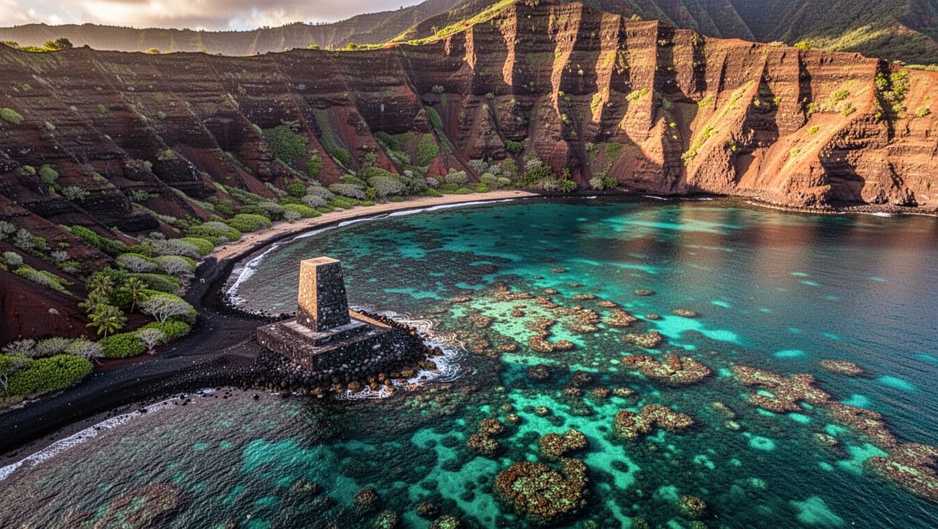 Scenic aerial view of Kealakekua Bay on Big Island Hawaii featuring the Captain Cook Monument on shore, turquoise waters with vibrant coral reefs, and dramatic volcanic cliffs in cinematic golden hour lighting.