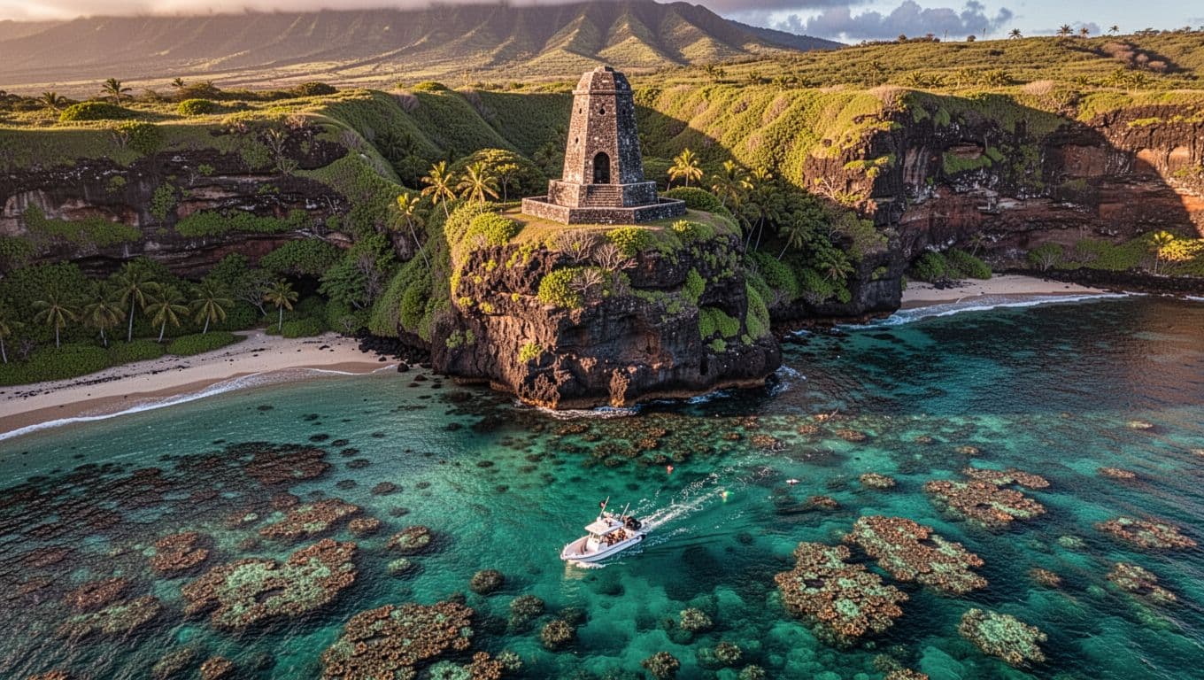 Aerial dawn view of Kealakekua Bay with Captain Cook monument on green cliffs, turquoise waters, coral reefs, and snorkel boat.
