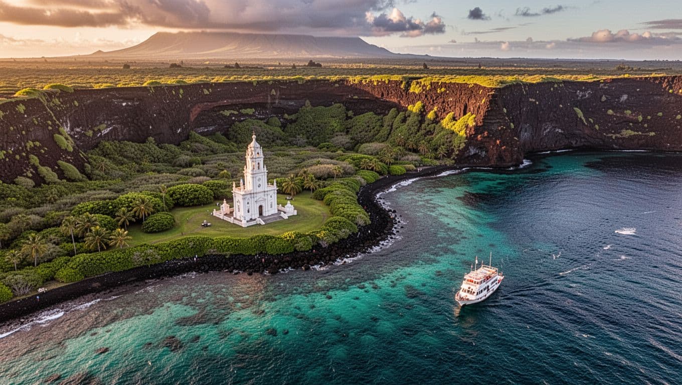 Aerial wide-angle view of serene Kealakekua Bay on Big Island Hawaii, featuring historic white Captain Cook Monument on lush green shoreline, vibrant turquoise waters, volcanic cliffs, and a small tour boat during golden hour.
