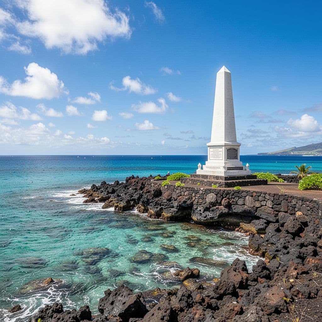 The white Captain Cook monument stands on a rocky shore beside the clear turquoise waters of Kealakekua Bay.