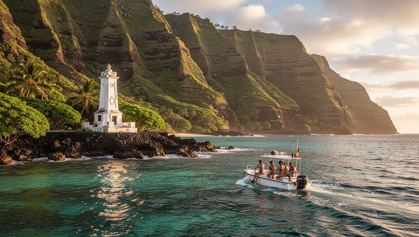Panoramic landscape of Kealakekua Bay on Big Island Hawaii from sea, with steep lush volcanic cliffs, turquoise waters, prominent white Captain Cook monument, and snorkel boat approaching.