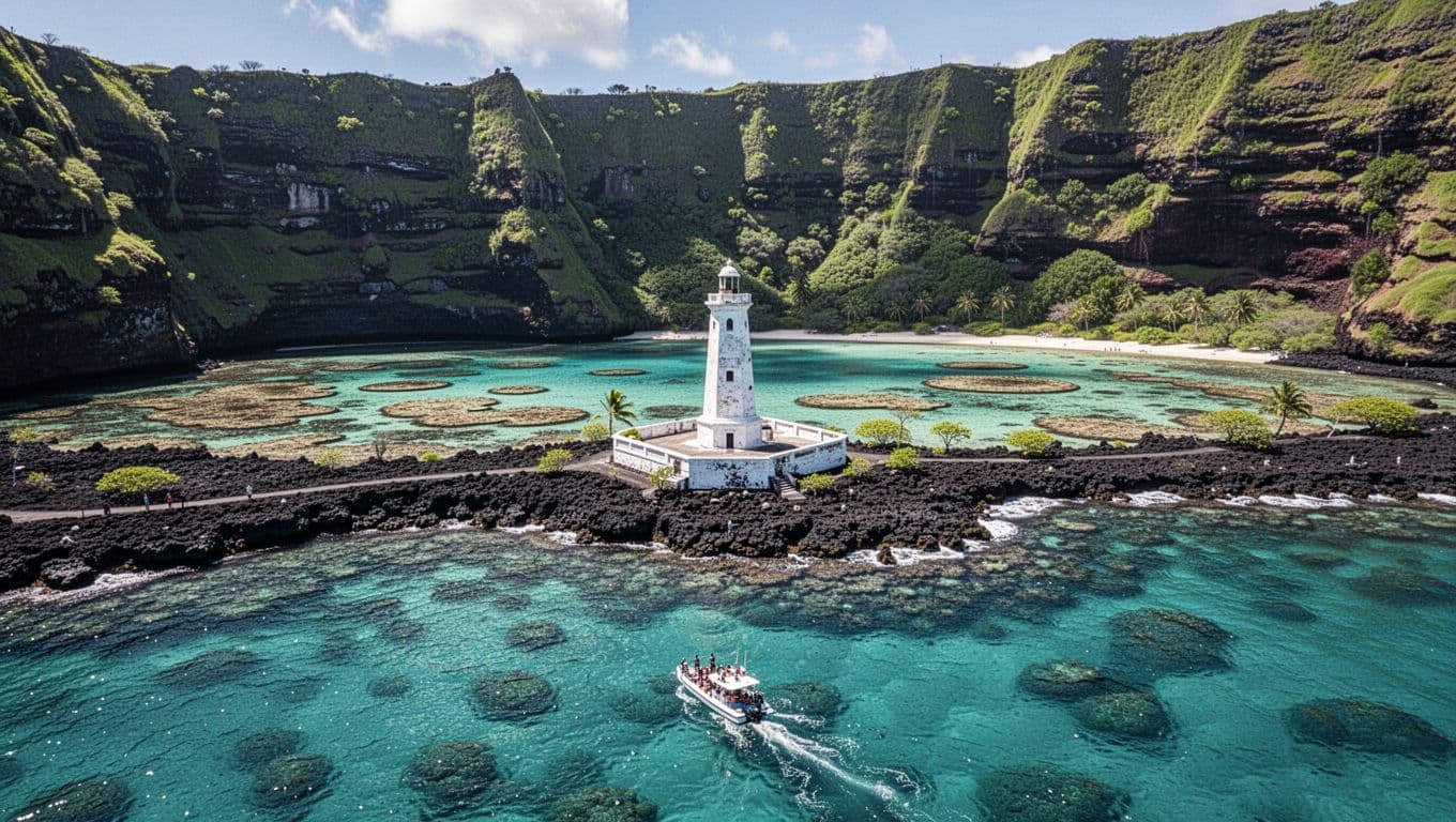 Aerial drone view of Kealakekua Bay on Big Island Hawaii, showcasing the historic white Captain Cook Monument on black lava shore, vibrant turquoise lagoon with coral reefs, towering green cliffs, and a small snorkel speedboat with passengers approaching.