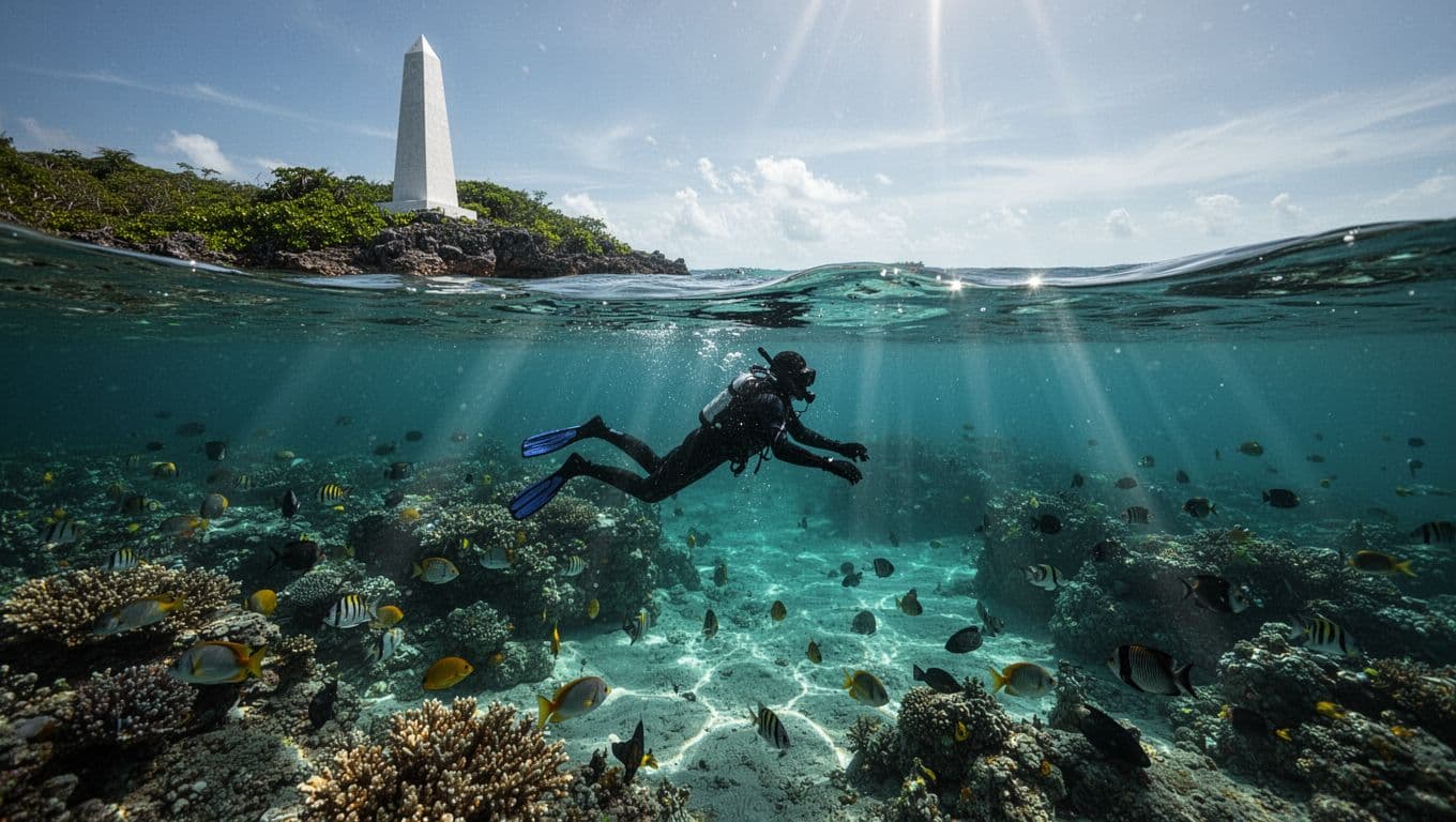 Crystal clear turquoise waters of Kealakekua Bay blend above and below surface, revealing the white obelisk Captain Cook Monument on rocky green shore, vibrant coral reef, tropical fish from shallow to 30 feet depths, single snorkeler silhouette, with dramatic sunlight rays and high contrast cinematic style.
