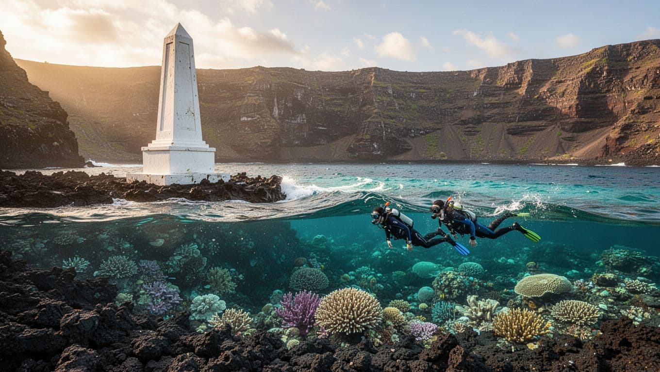 Turquoise waters of Kealakekua Bay showcase the white Captain Cook Monument obelisk on black lava shore, vibrant coral reef below, two snorkelers nearby, and dramatic cliffs under golden hour lighting.
