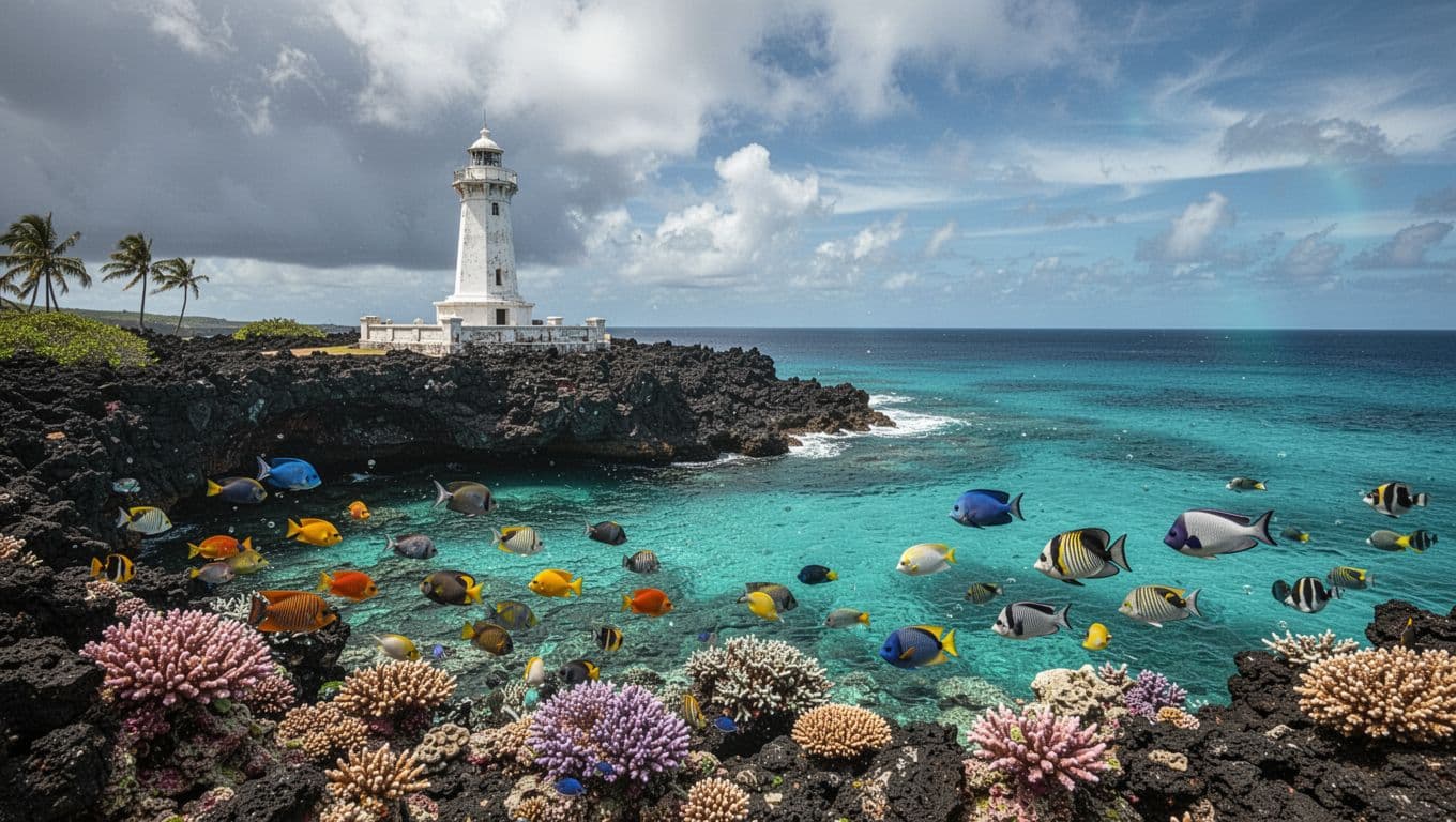 Turquoise waters of Kealakekua Bay on Big Island Hawaii showcase a vibrant coral reef with colorful tropical fish swimming near the surface, historic white Captain Cook Monument on black lava rock shore in the background under a partly cloudy sky.