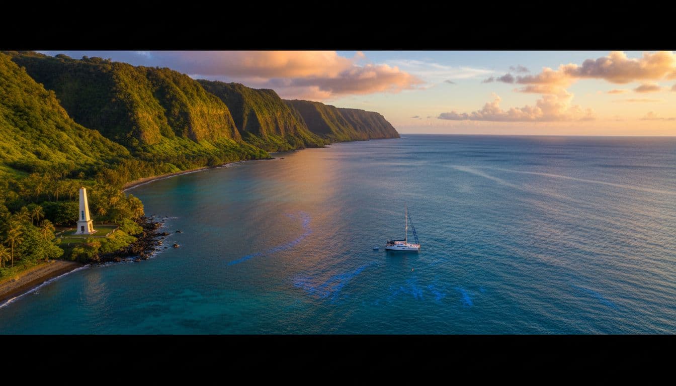 Wide view of Kealakekua Bay coastline with Captain Cook monument on shore, calm turquoise water, lush green cliffs, and anchored boat.