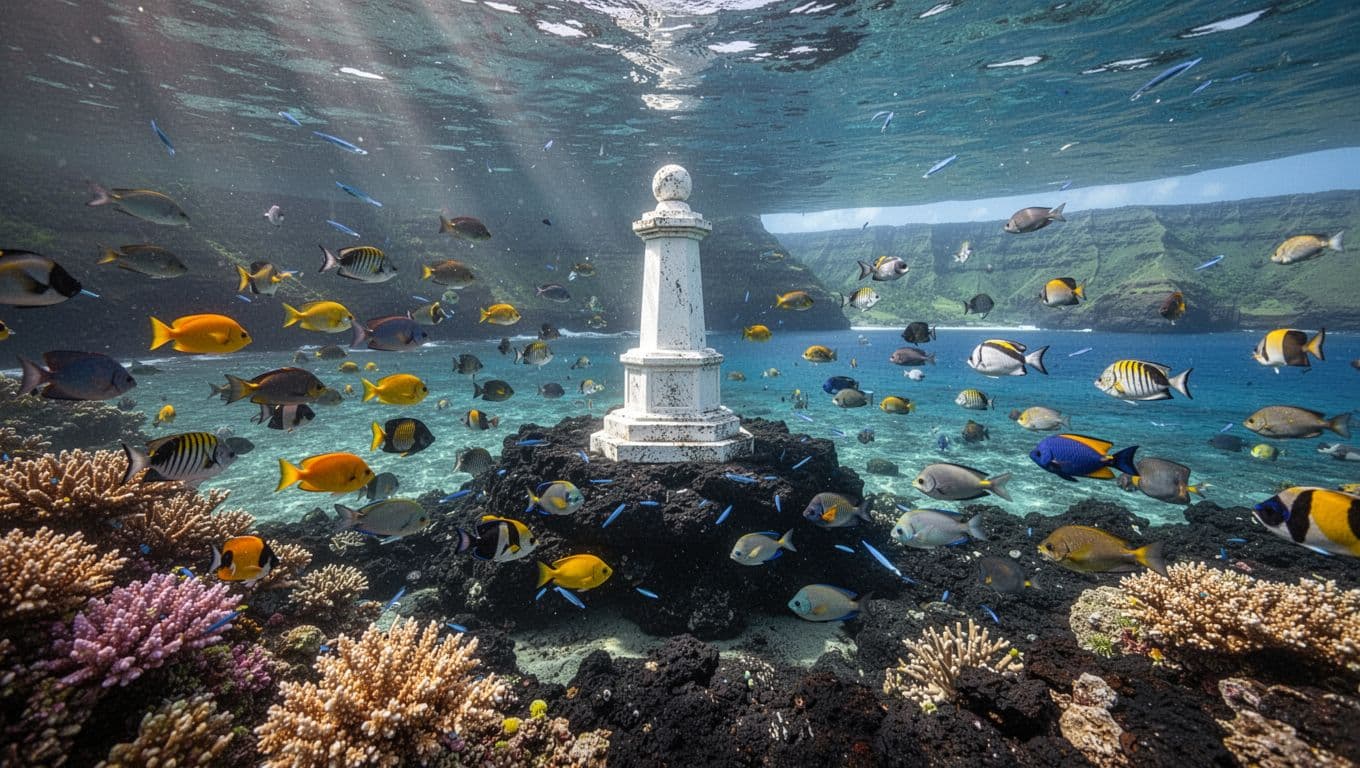Colorful fish school around white Captain Cook monument amid coral reefs in clear Kealakekua Bay waters, sunlight rays from surface.