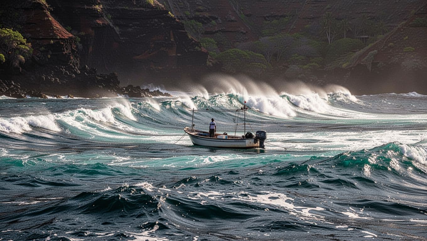 Choppy ocean surface with whitecaps in Kealakekua Bay, Hawaii, volcanic cliffs in background, small boat bobbing.