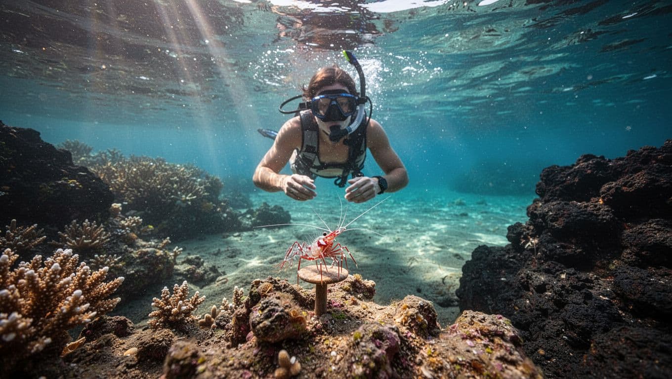 A snorkeler watches a cleaner shrimp near a coral reef in clear Hawaiian water.
