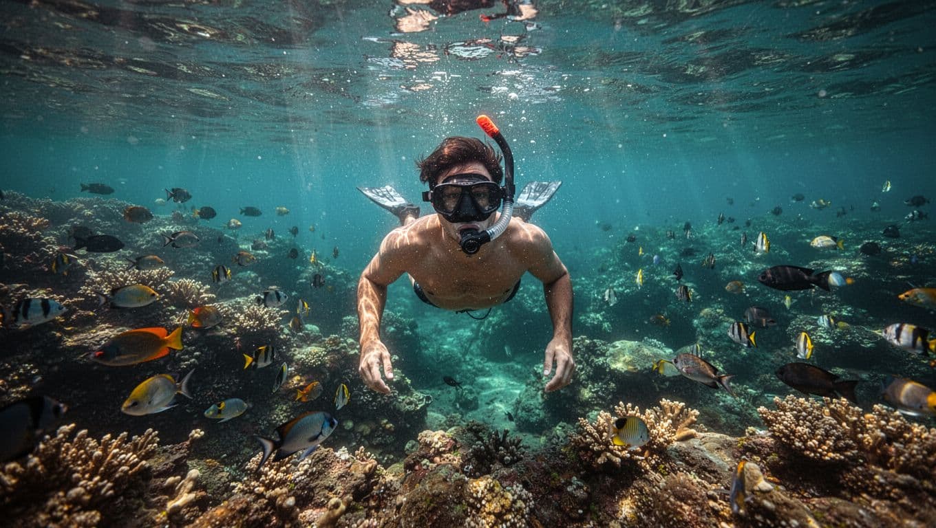 Crystal clear turquoise ocean water in Kealakekua Bay on Hawaii's Big Island reveals vibrant coral reefs and colorful tropical fish over 100 feet deep, with sunlight rays creating dramatic caustics. A single snorkeler floats face down near the surface, gazing at the underwater scene.
