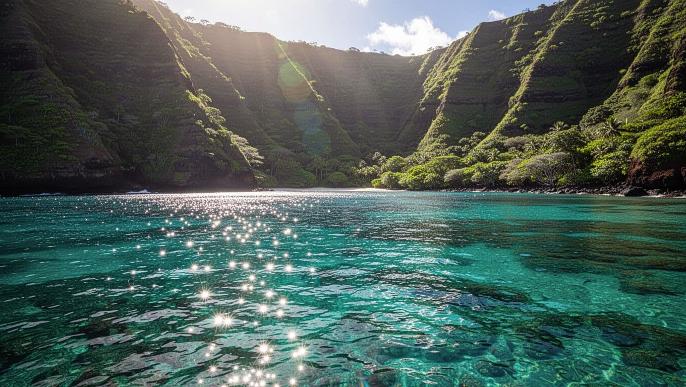 Vibrant turquoise ocean waters stretch toward lush green cliffs under a brilliant sun. The calm bay displays high clarity and deep blue tones, reflecting the tropical beauty of this Hawaiian coastline.