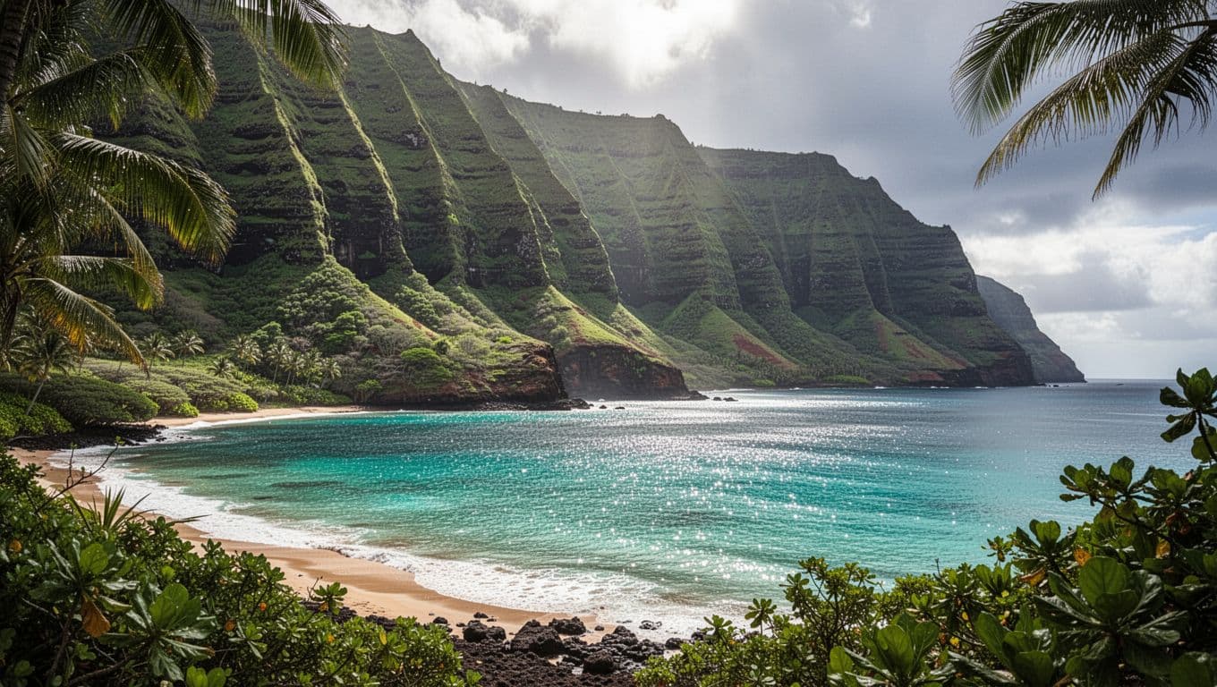 Green volcanic cliffs rise above calm turquoise water in Kealakekua Bay.