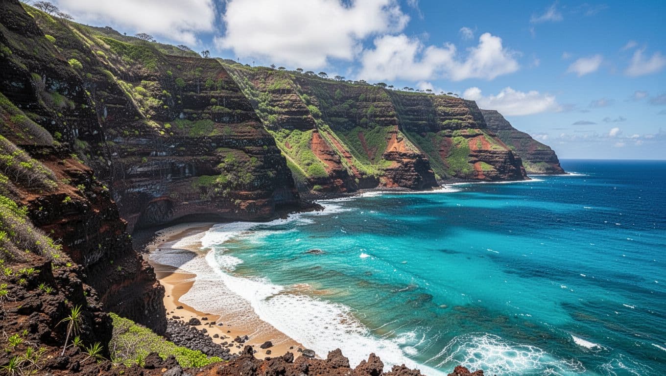 Massive jagged sea cliffs rise sharply above the vivid turquoise waters of the bay. Wispy white clouds drift across a vast sky, while sunlight highlights the textured rock formations below.