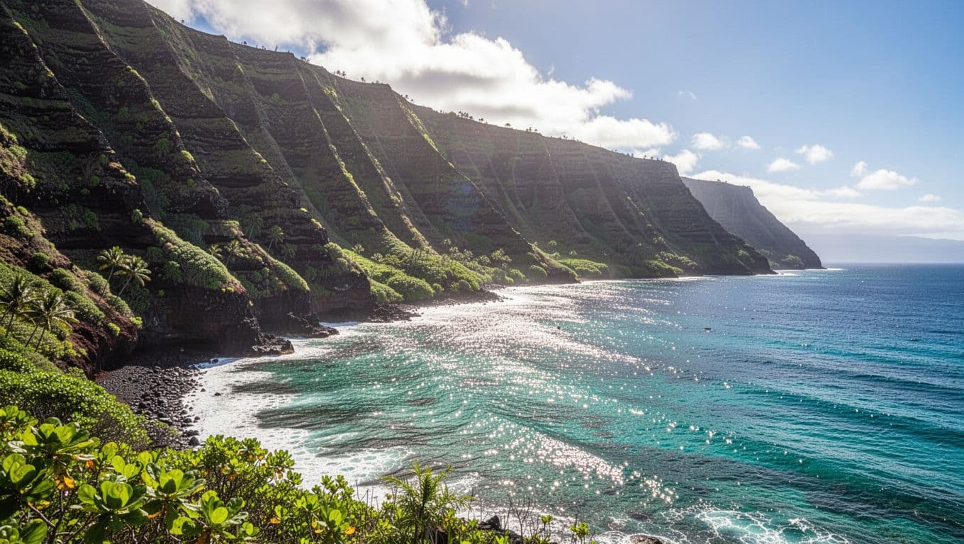 Volcanic cliffs and green shoreline surround the bright turquoise waters of Kealakekua Bay.
