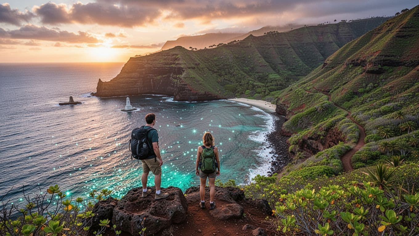 A lone hiker overlooks Kealakekua Bay and the distant Captain Cook Monument.