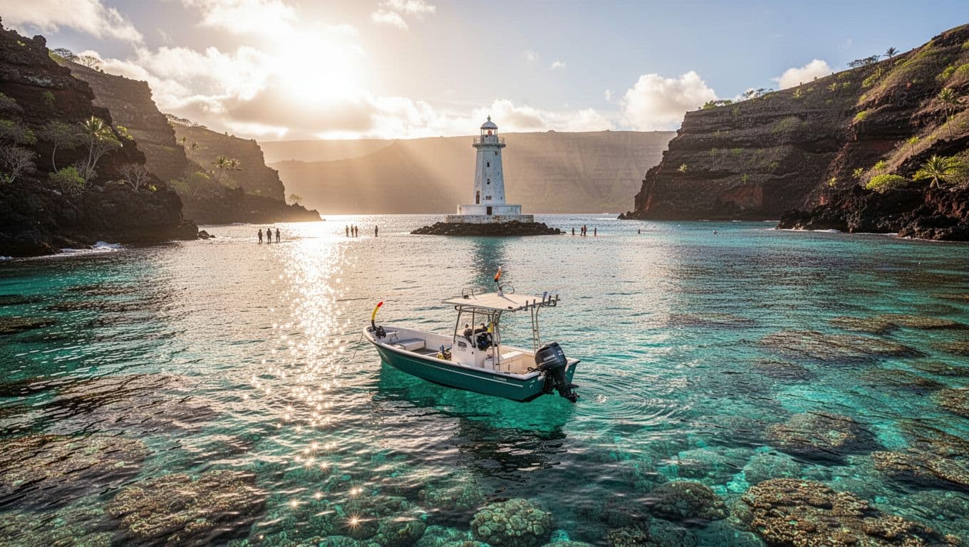 A snorkel boat floats in Kealakekua Bay with cliffs and the Captain Cook monument beyond.