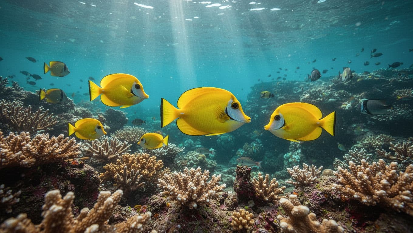 Yellow tang fish swim above a sunlit coral reef in clear Hawaiian waters.