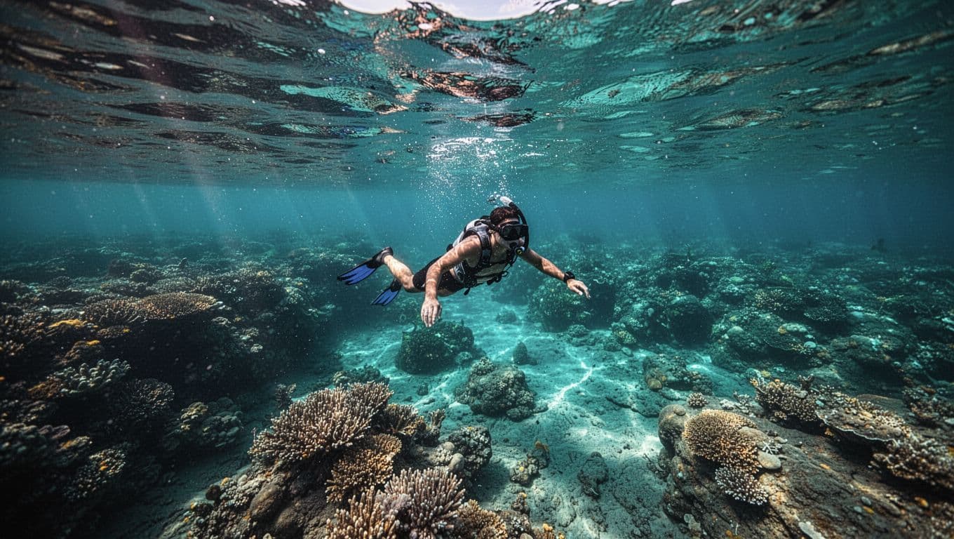 A lone snorkeler swims over bright turquoise water and coral reefs at Kealakekua Bay.