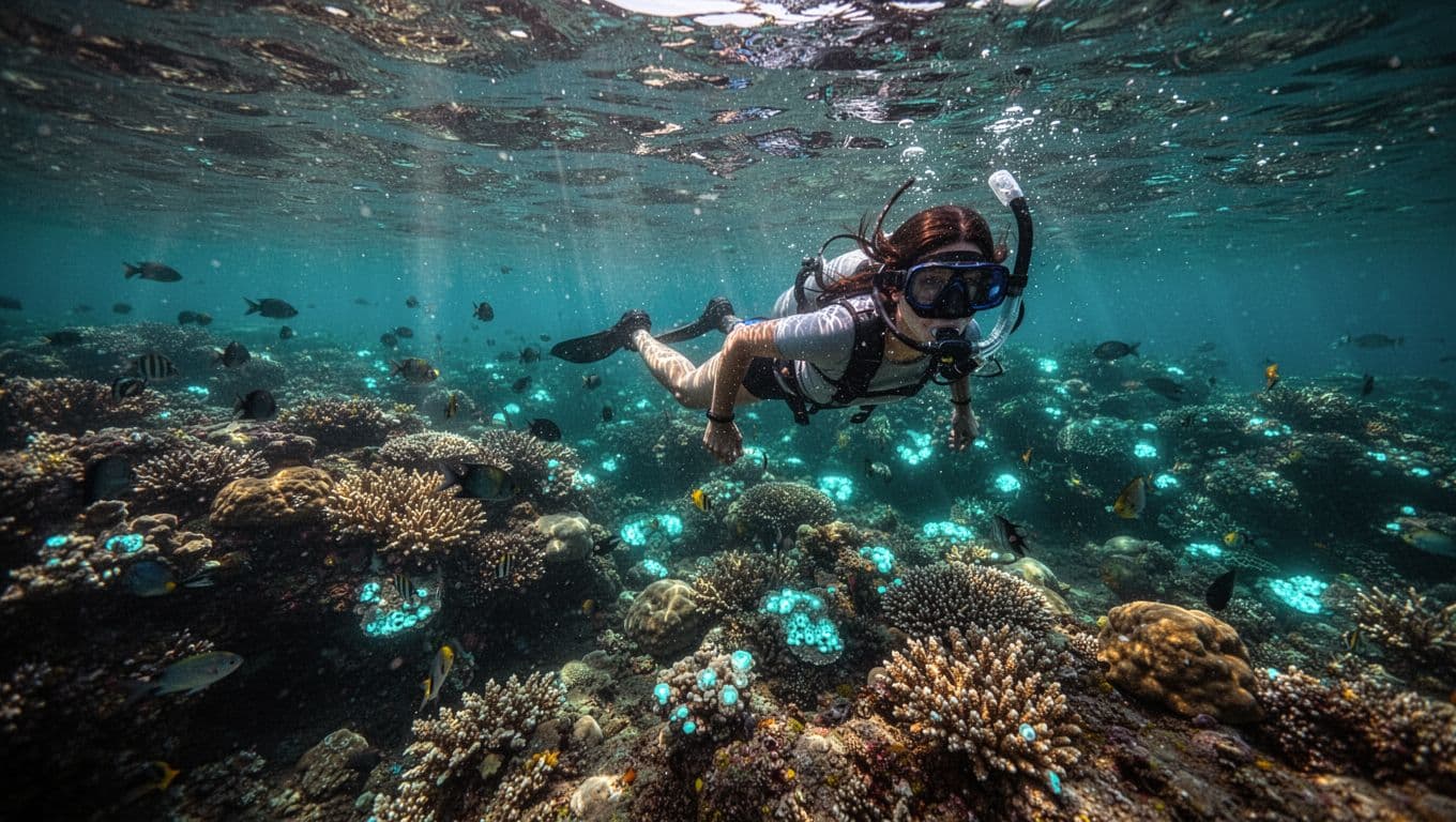 A diver explores a colorful coral reef in clear turquoise water.