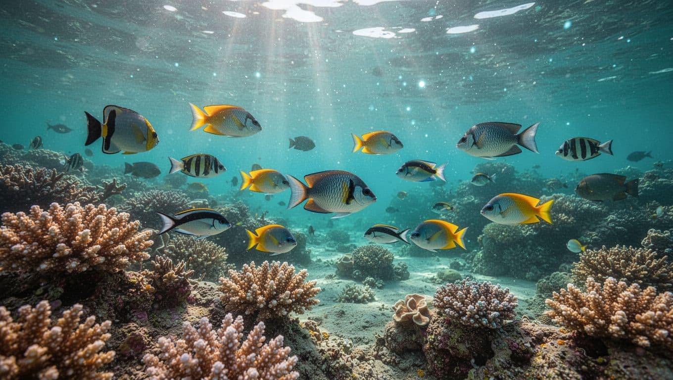 Colorful fish swim above a coral reef in clear turquoise water.