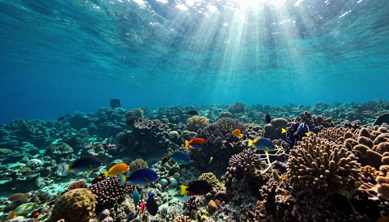 Vibrant tropical fish dart between intricate coral structures under the crystal surface of Kealakekua Bay. Golden sunbeams pierce the turquoise water, highlighting the depth and movement of the thriving underwater ecosystem.
