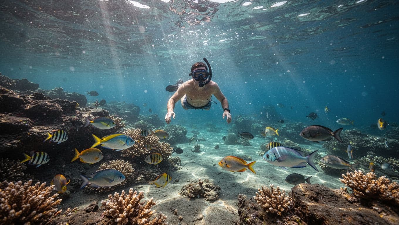 A snorkeler floats above a colorful coral reef in clear blue water.