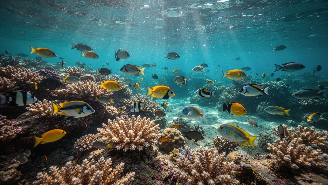 Tropical fish swim above a colorful coral reef in clear turquoise water.
