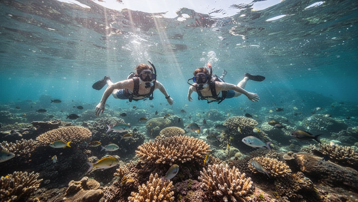 Two distant snorkelers observe fish above a healthy coral reef in clear Hawaiian water.