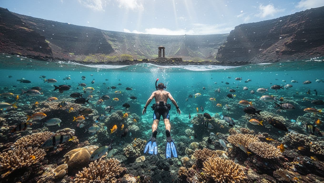 A snorkeler observes colorful fish above a coral reef in clear Kealakekua Bay water.