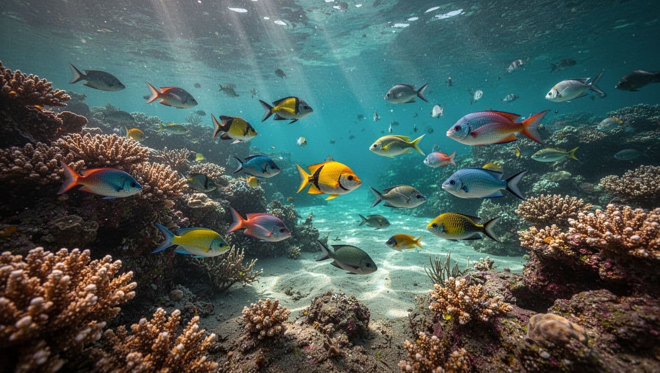 Bright turquoise water reveals a colorful coral reef and tropical fish.