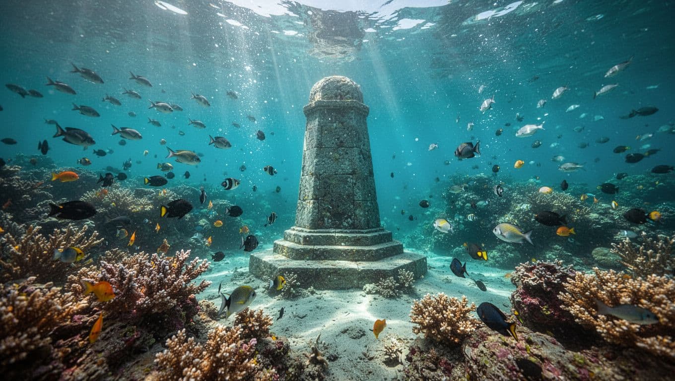 Vibrant coral reefs flourish under the sunlit turquoise surface of Kealakekua Bay. Dense schools of tropical yellow tang fish dart between intricate underwater rock formations and glowing, colorful coral branches.