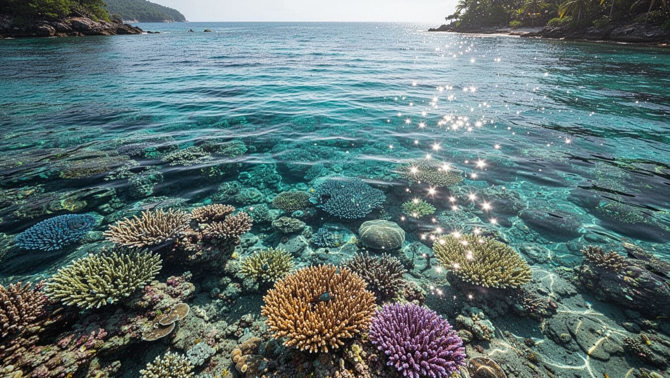 Clear tropical water reveals colorful coral reefs beneath the sunlit surface.