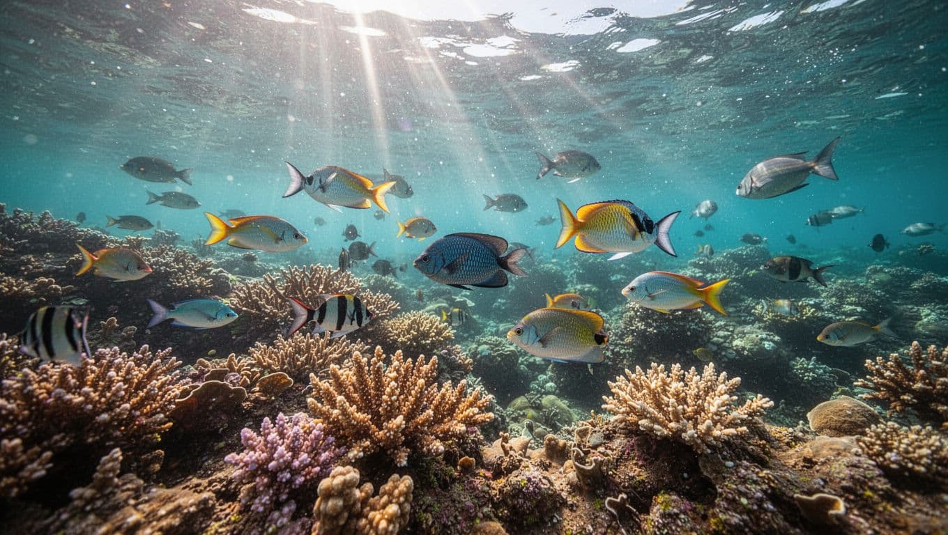 Colorful fish swim over bright coral in the clear waters of Kealakekua Bay.