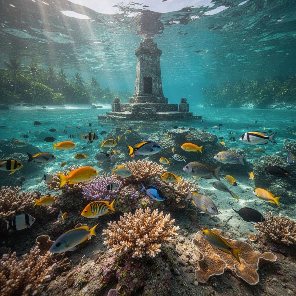 Vibrant coral colonies host schools of tropical fish beneath the sparkling cyan surface of the bay. Sunlight filters through the clear water, illuminating the seafloor near the historic Captain Cook monument.